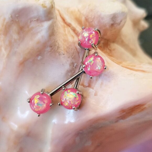 PAIR pink glitter synthetic opal nipple bars 14G NWT Externally Threaded - Picture 1 of 3